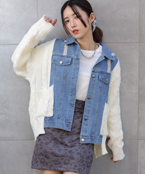 セール】ブロークンデニム×ニット BIGサイズ ジャケットカーディガン