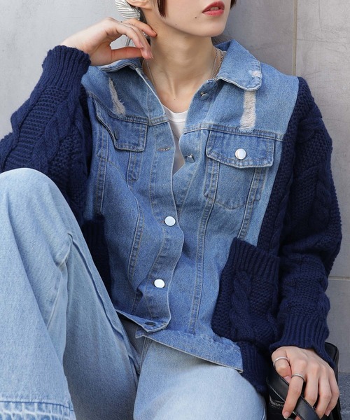 セール】ブロークンデニム×ニット BIGサイズ ジャケットカーディガン
