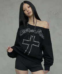 A'GEM/9 × .kom 『NIIER NOR/ニアノア』 BA-CROSS OFF-SHOULDER SWEATSHIRT/クロスデザイン オフショルダースウェットシャツ