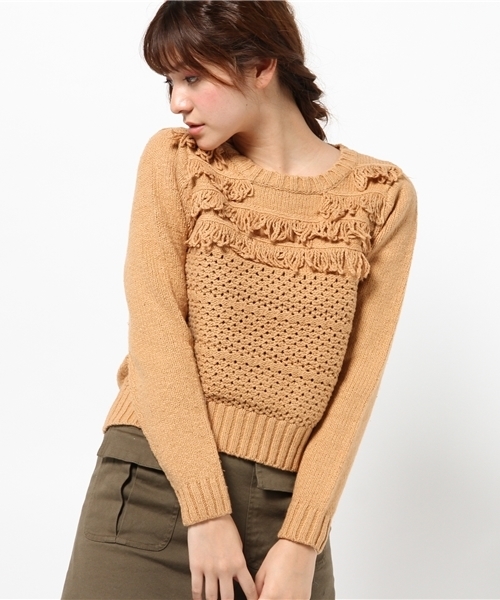 mystic（ミスティック）の「【mystic】レース編みフリンジニットプルオーバー（ニット/セーター・レディース・ブラック/ベージュ/オフホワイト・ﾌﾘ-）」の3枚目の写真