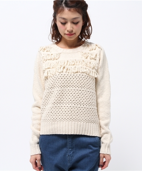 mystic（ミスティック）の「【mystic】レース編みフリンジニットプルオーバー（ニット/セーター・レディース・ブラック/ベージュ/オフホワイト・ﾌﾘ-）」の4枚目の写真