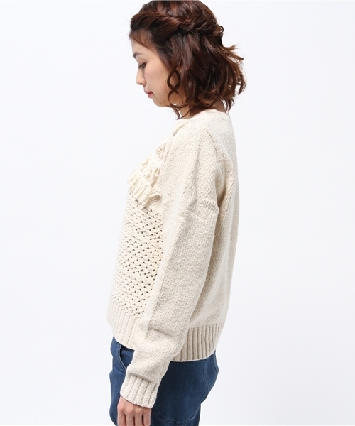mystic（ミスティック）の「【mystic】レース編みフリンジニットプルオーバー（ニット/セーター・レディース・ブラック/ベージュ/オフホワイト・ﾌﾘ-）」の5枚目の写真