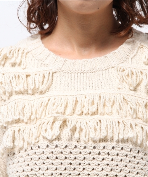 mystic（ミスティック）の「【mystic】レース編みフリンジニットプルオーバー（ニット/セーター・レディース・ブラック/ベージュ/オフホワイト・ﾌﾘ-）」の7枚目の写真