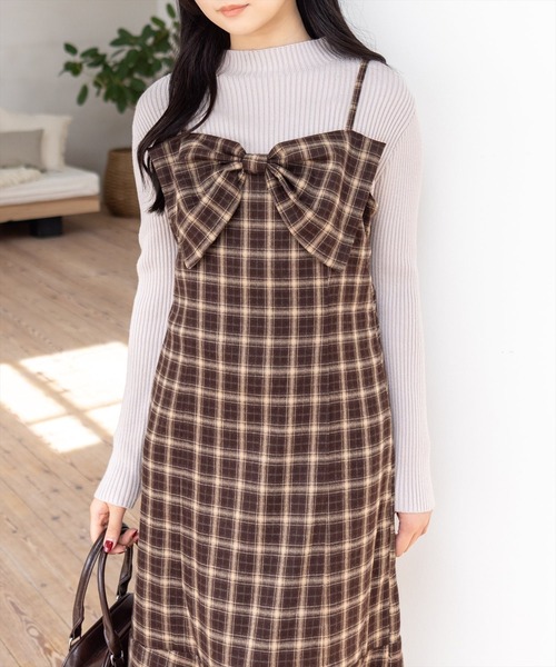 CLEAR BASIC（クリアベーシック）の「【低身長用サイズ有】チェックリボンキャミワンピース[着回し力抜群 ガーリー ロング]≪AW新作≫（ワンピース・レディース・ブラック/ブラウン・F/PF）」の3枚目の写真