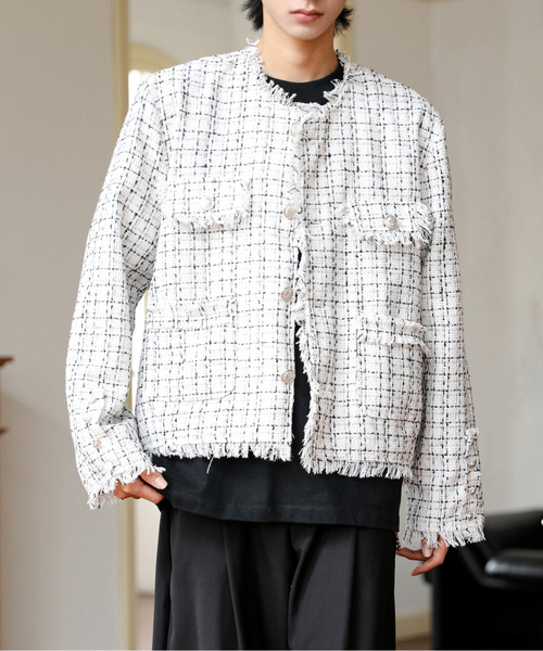 セール】【neos】ショート丈 フリンジ ツイル ノーカラー チェック