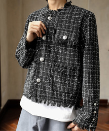 メンズのノーカラージャケット（ブラック/黒色系・チェック柄