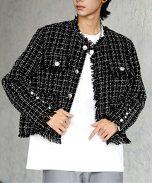 neos（ネオス）の「【neos】ショート丈 フリンジ ツイル ノーカラー チェック ジャケット（ノーカラージャケット）」