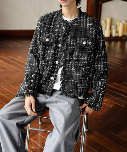 セール】【neos】ショート丈 フリンジ ツイル ノーカラー チェック