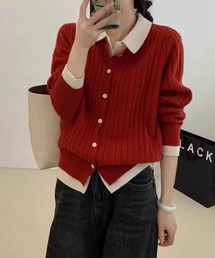 配色襟付きカーディガン風ケーブル編みトップス