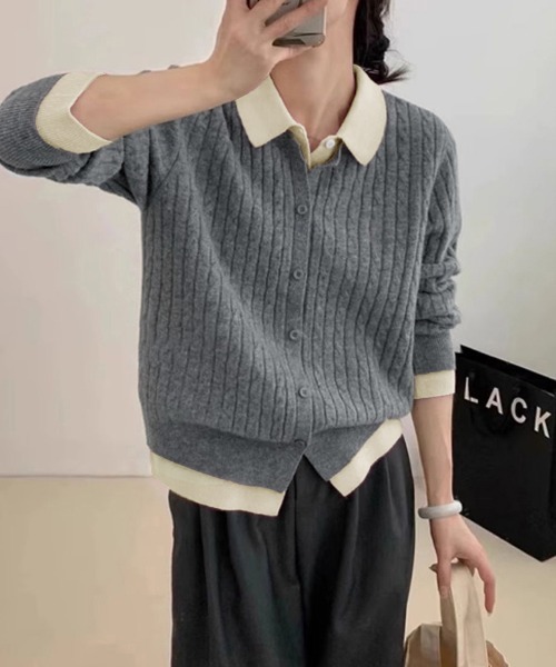 ONEP STAR(ワンピスター)の「配色襟付きカーディガン風ケーブル編みトップス(ニット/セーター・レディース・レッド/ピンク/ブラウン/ベージュ/ブルー・FREE)」の11枚目の写真