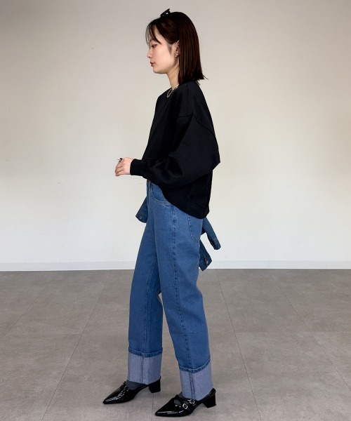 mellomela.(メロメラ)の「スリムストレートロールアップデニムパンツ(デニムパンツ・レディース・ダークネイビー/ネイビー/ブルー・S/M/L/LL)」の8枚目の写真