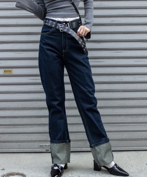 mellomela.(メロメラ)の「スリムストレートロールアップデニムパンツ(デニムパンツ・レディース・ダークネイビー/ネイビー/ブルー・S/M/L/LL)」の15枚目の写真