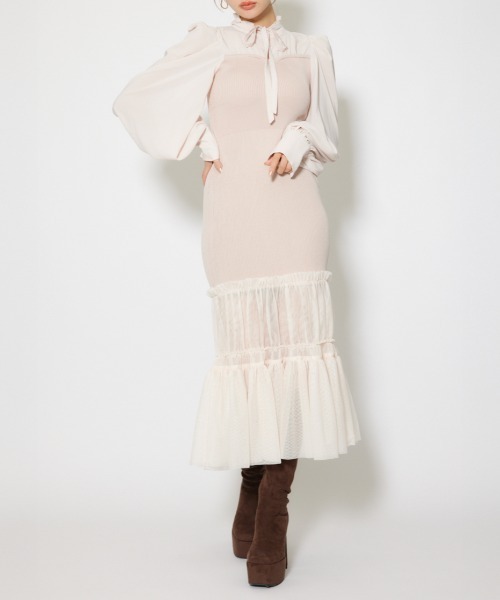 rienda(リエンダ)の「チュールドッキングニットマーメイドワンピース 秋服 冬服(ワンピース・レディース・ブルー/ライトピンク/ブラック・FREE)」の3枚目の写真