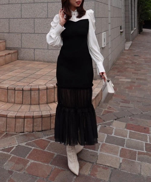 セール】チュールドッキングニットマーメイドワンピース 秋服 冬服