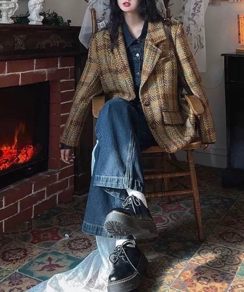 セール】チェック柄ツイードジャケット（テーラードジャケット