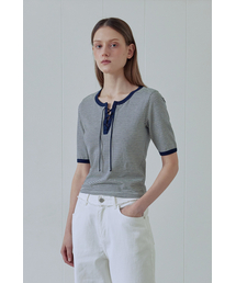 AFTERHOURS（アフターアワーズ）の「STRIPE LACE-UP TOP (NAVY)（Tシャツ/カットソー）」