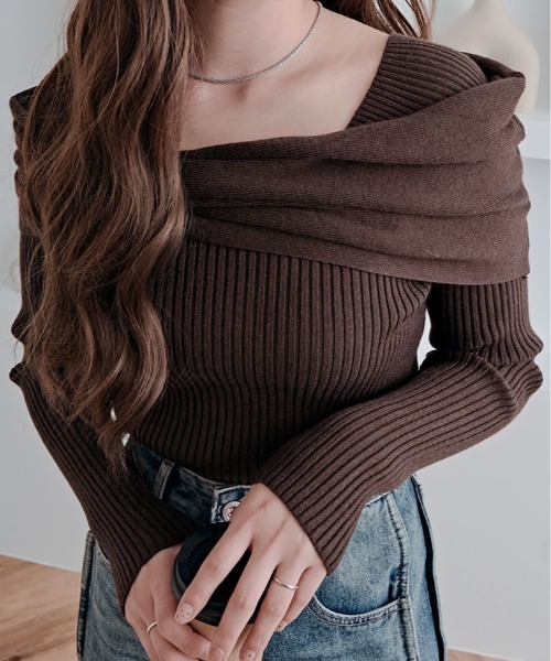 kirakiraShop(キラキラショップ)の「リボン リブ ニット トップス(ニット/セーター・レディース・チャコール/ブラウン/レッド/オフホワイト/ブラック・FREE)」の1枚目の写真