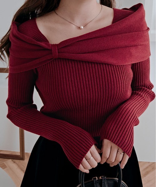 kirakiraShop(キラキラショップ)の「リボン リブ ニット トップス(ニット/セーター・レディース・チャコール/ブラウン/レッド/オフホワイト/ブラック・FREE)」の5枚目の写真