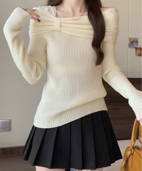 kirakiraShop(キラキラショップ)の「リボン リブ ニット トップス(ニット/セーター・レディース・チャコール/ブラウン/レッド/オフホワイト/ブラック・FREE)」の2枚目の写真