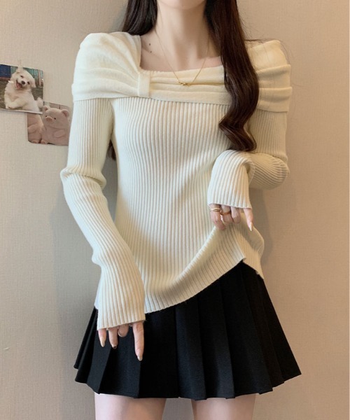 kirakiraShop(キラキラショップ)の「リボン リブ ニット トップス(ニット/セーター・レディース・チャコール/ブラウン/レッド/オフホワイト/ブラック・FREE)」の9枚目の写真