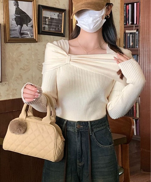 kirakiraShop(キラキラショップ)の「リボン リブ ニット トップス(ニット/セーター・レディース・チャコール/ブラウン/レッド/オフホワイト/ブラック・FREE)」の7枚目の写真