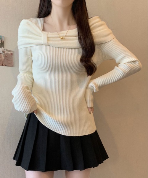 kirakiraShop(キラキラショップ)の「リボン リブ ニット トップス(ニット/セーター・レディース・チャコール/ブラウン/レッド/オフホワイト/ブラック・FREE)」の10枚目の写真