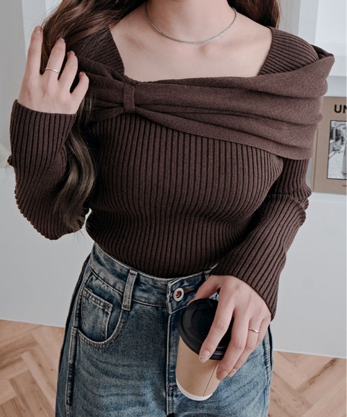 kirakiraShop(キラキラショップ)の「リボン リブ ニット トップス(ニット/セーター・レディース・チャコール/ブラウン/レッド/オフホワイト/ブラック・FREE)」の22枚目の写真
