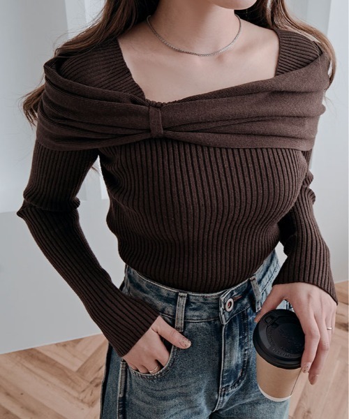 kirakiraShop(キラキラショップ)の「リボン リブ ニット トップス(ニット/セーター・レディース・チャコール/ブラウン/レッド/オフホワイト/ブラック・FREE)」の18枚目の写真