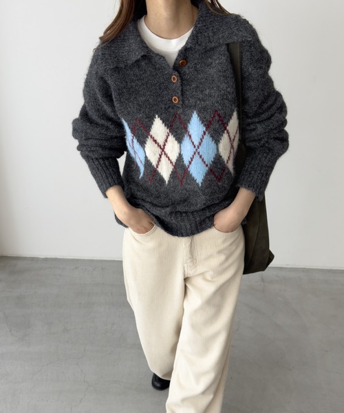CANAL JEAN(キャナルジーン)の「El mar アーガイルポロニット(ニット/セーター・レディース・チャコールグレー/ブラウン・ONE SIZE)」の2枚目の写真