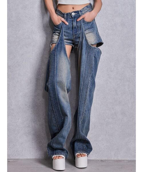 GYDA（ジェイダ）の「ハイウエストSymmetry GYDA 2WAYラインプリーツデニムパンツ（デニムパンツ・レディース・ライトブルー/ブルー・MEDIUM/SMALL/X-SMALL）」の2枚目の写真