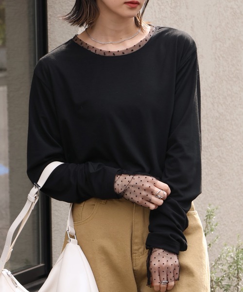 CORPUS TOKYO（コーパス トーキョー）の「シアードットスリーブレイヤードトップス（Tシャツ/カットソー・レディース・ブラック/ホワイト・M）」の12枚目の写真