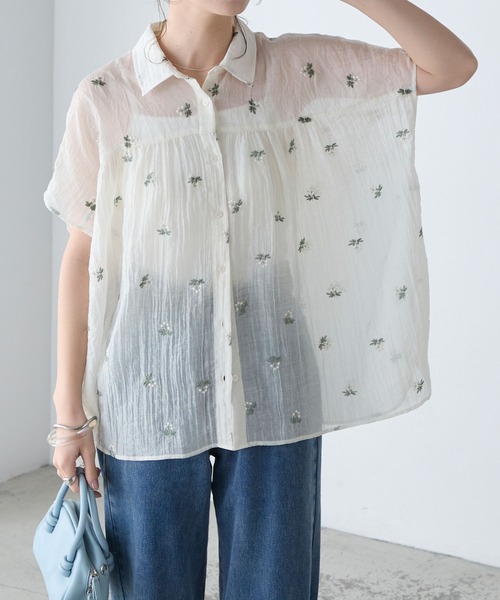 BONLECILL(ボンルシール)の「フラワー刺繍シアー半袖ブラウス(シャツ/ブラウス・レディース・ブラック/アイボリー・FREE)」の8枚目の写真