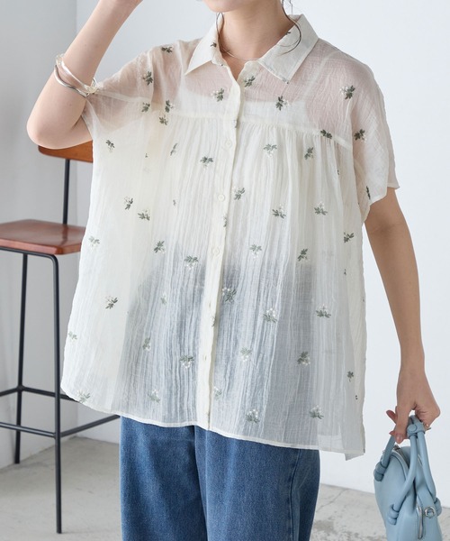 BONLECILL(ボンルシール)の「フラワー刺繍シアー半袖ブラウス(シャツ/ブラウス・レディース・ブラック/アイボリー・FREE)」の12枚目の写真