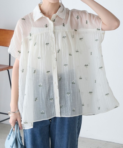 BONLECILL(ボンルシール)の「フラワー刺繍シアー半袖ブラウス(シャツ/ブラウス・レディース・ブラック/アイボリー・FREE)」の13枚目の写真