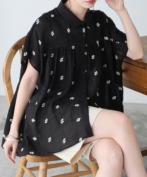 BONLECILL(ボンルシール)の「フラワー刺繍シアー半袖ブラウス(シャツ/ブラウス・レディース・ブラック/アイボリー・FREE)」の18枚目の写真