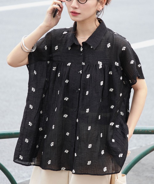 BONLECILL(ボンルシール)の「フラワー刺繍シアー半袖ブラウス(シャツ/ブラウス・レディース・ブラック/アイボリー・FREE)」の17枚目の写真