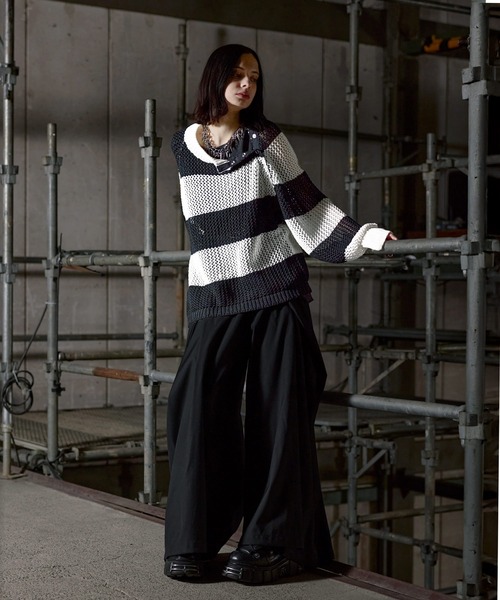 ERAR（エラー）の「【ERAR】ショルダースナップボタンショート丈メッシュボーダーニット（ニット/セーター・メンズ・レッド/ホワイト/ブラック・M/S/XL/L）」の5枚目の写真