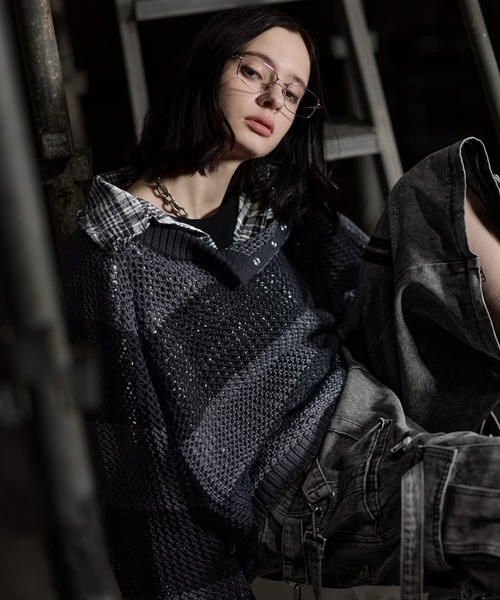 ERAR（エラー）の「【ERAR】ショルダースナップボタンショート丈メッシュボーダーニット（ニット/セーター・メンズ・レッド/ホワイト/ブラック・M/S/XL/L）」の6枚目の写真