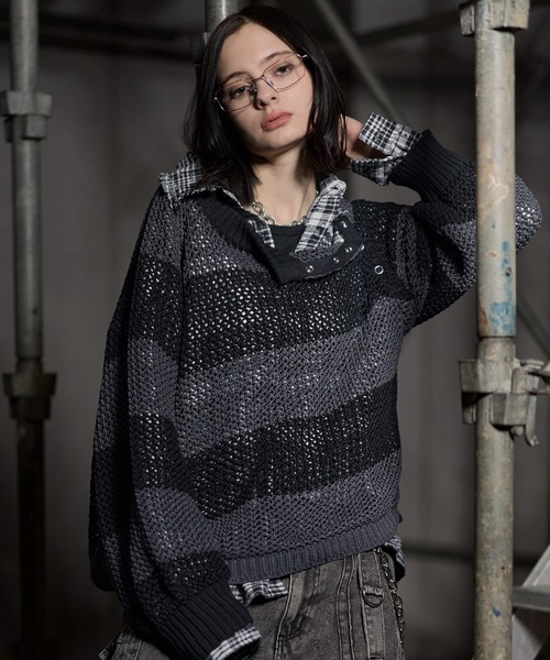 ERAR（エラー）の「【ERAR】ショルダースナップボタンショート丈メッシュボーダーニット（ニット/セーター・メンズ・レッド/ホワイト/ブラック・M/S/XL/L）」の9枚目の写真