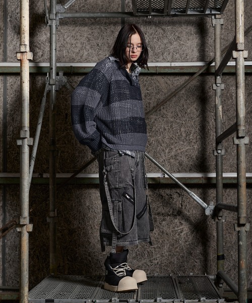 ERAR（エラー）の「【ERAR】ショルダースナップボタンショート丈メッシュボーダーニット（ニット/セーター・メンズ・レッド/ホワイト/ブラック・M/S/XL/L）」の10枚目の写真