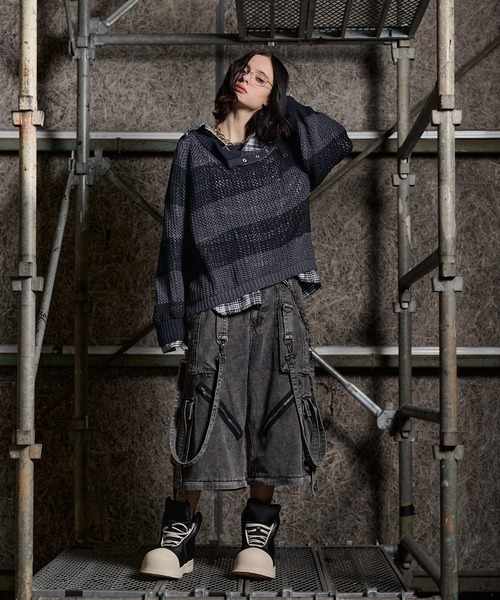 ERAR（エラー）の「【ERAR】ショルダースナップボタンショート丈メッシュボーダーニット（ニット/セーター・メンズ・レッド/ホワイト/ブラック・M/S/XL/L）」の11枚目の写真