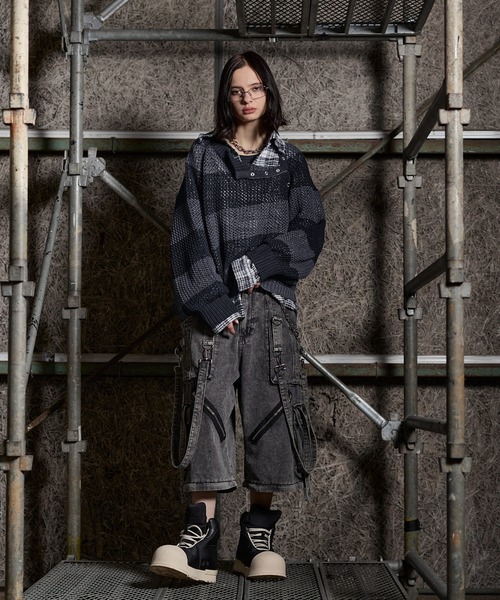 ERAR（エラー）の「【ERAR】ショルダースナップボタンショート丈メッシュボーダーニット（ニット/セーター・メンズ・レッド/ホワイト/ブラック・M/S/XL/L）」の12枚目の写真