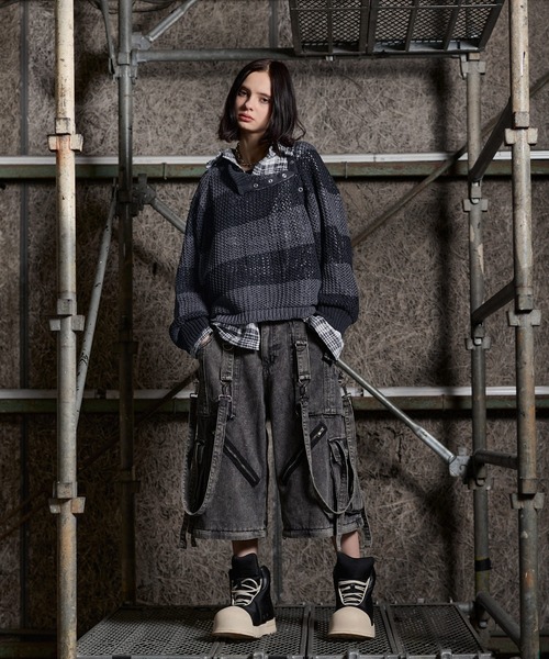 ERAR（エラー）の「【ERAR】ショルダースナップボタンショート丈メッシュボーダーニット（ニット/セーター・メンズ・レッド/ホワイト/ブラック・M/S/XL/L）」の13枚目の写真