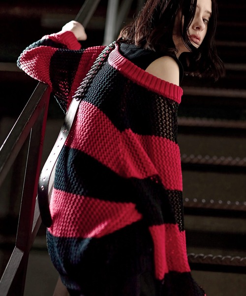 ERAR（エラー）の「【ERAR】ショルダースナップボタンショート丈メッシュボーダーニット（ニット/セーター・メンズ・レッド/ホワイト/ブラック・M/S/XL/L）」の16枚目の写真