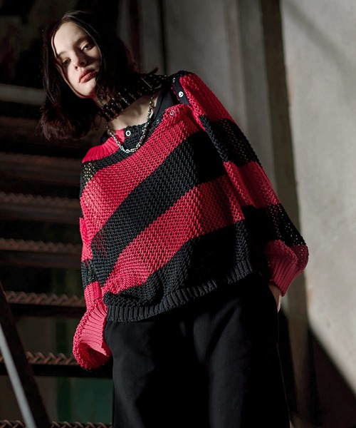 ERAR（エラー）の「【ERAR】ショルダースナップボタンショート丈メッシュボーダーニット（ニット/セーター・メンズ・レッド/ホワイト/ブラック・M/S/XL/L）」の17枚目の写真