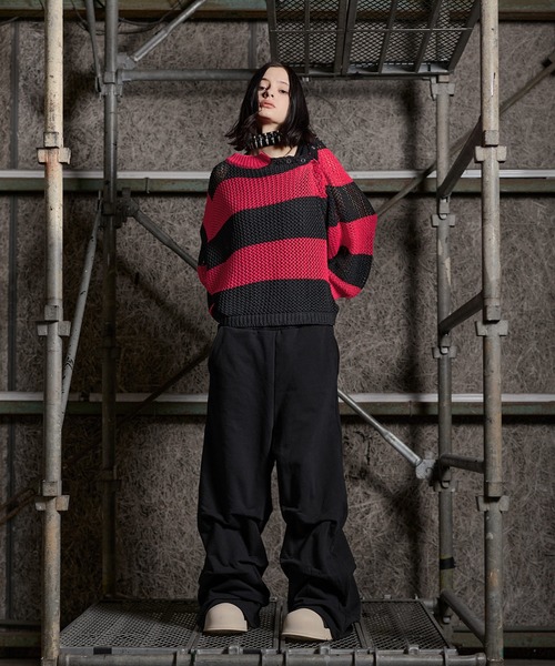 ERAR（エラー）の「【ERAR】ショルダースナップボタンショート丈メッシュボーダーニット（ニット/セーター・メンズ・レッド/ホワイト/ブラック・M/S/XL/L）」の18枚目の写真