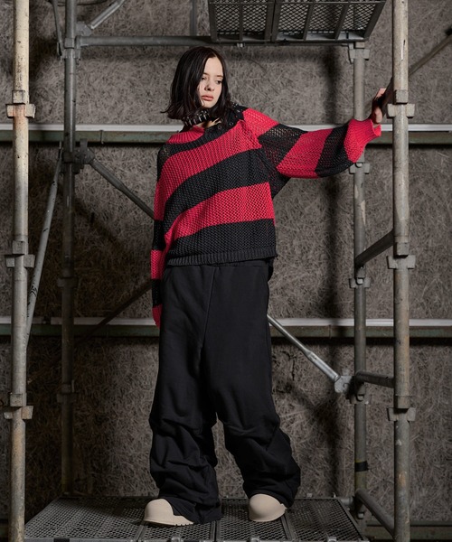 ERAR（エラー）の「【ERAR】ショルダースナップボタンショート丈メッシュボーダーニット（ニット/セーター・メンズ・レッド/ホワイト/ブラック・M/S/XL/L）」の19枚目の写真