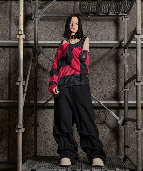 ERAR（エラー）の「【ERAR】ショルダースナップボタンショート丈メッシュボーダーニット（ニット/セーター・メンズ・レッド/ホワイト/ブラック・M/S/XL/L）」の21枚目の写真