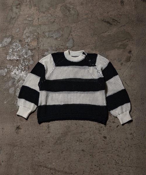 ERAR（エラー）の「【ERAR】ショルダースナップボタンショート丈メッシュボーダーニット（ニット/セーター・メンズ・レッド/ホワイト/ブラック・M/S/XL/L）」の22枚目の写真