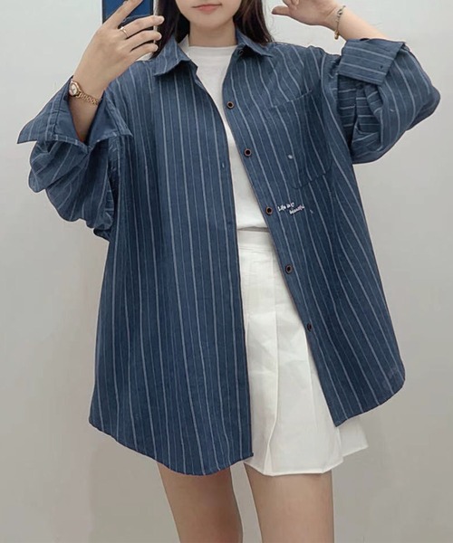 aimoha(アイモハ)の「刺繍ストライプオーバーシャツ(シャツ/ブラウス・レディース・ネイビー・FREE)」の2枚目の写真